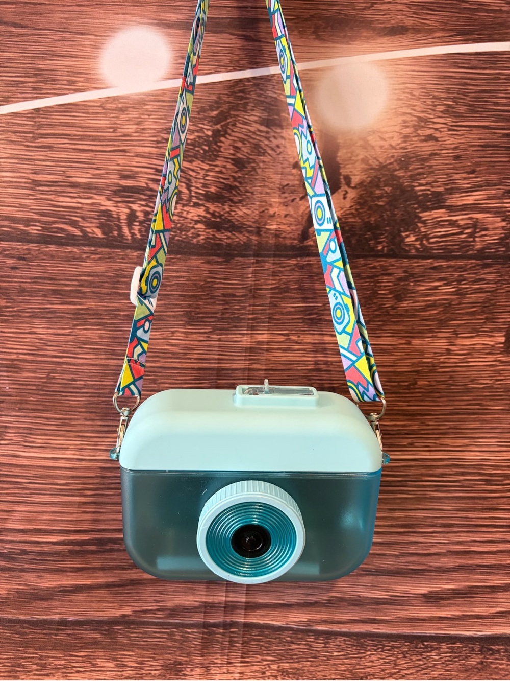 Canteen- water bottle  Mint & Teal Camera design with Patterned Strap